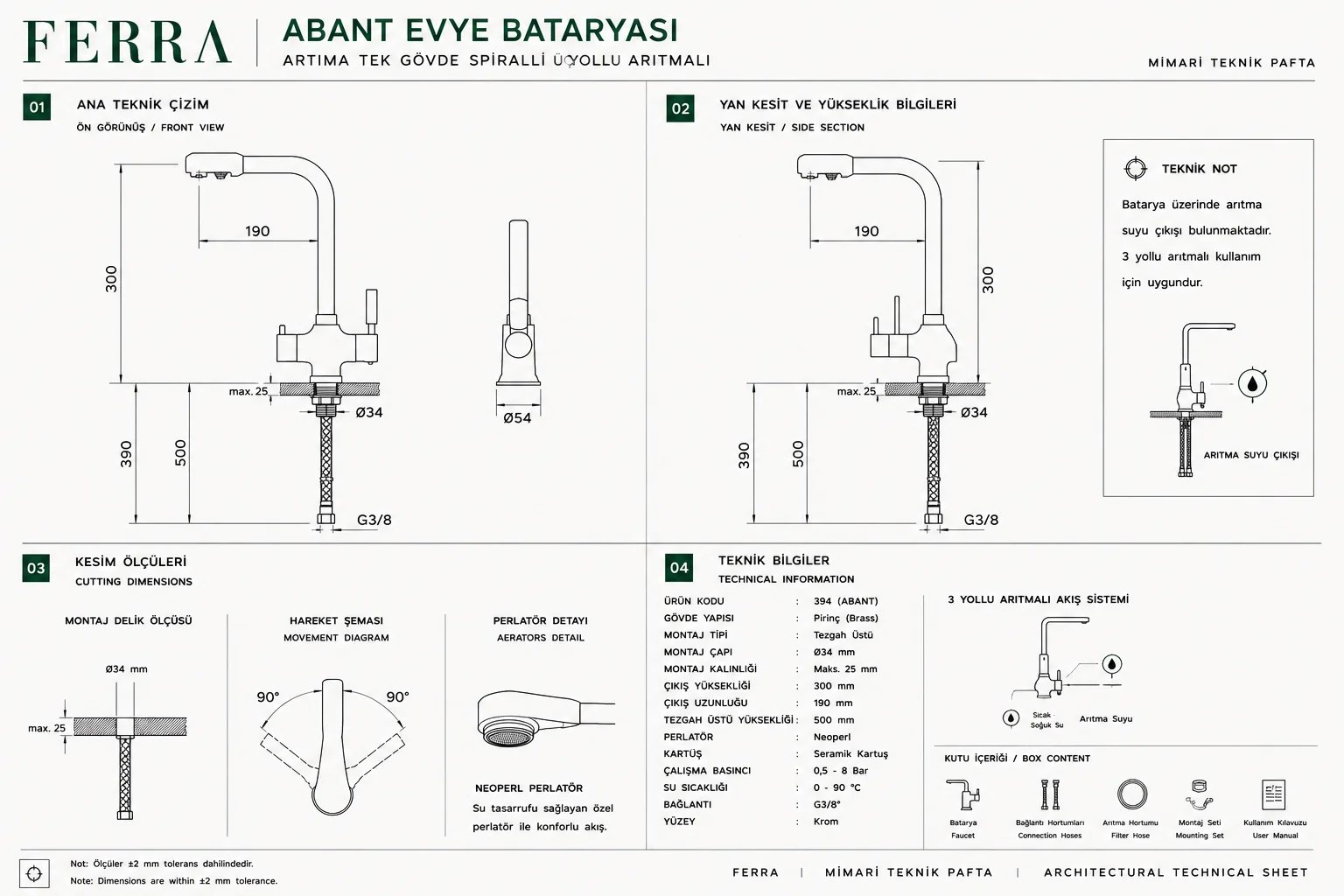 Ferra Abant arıtmalı mutfak bataryası teknik çizim görseli
