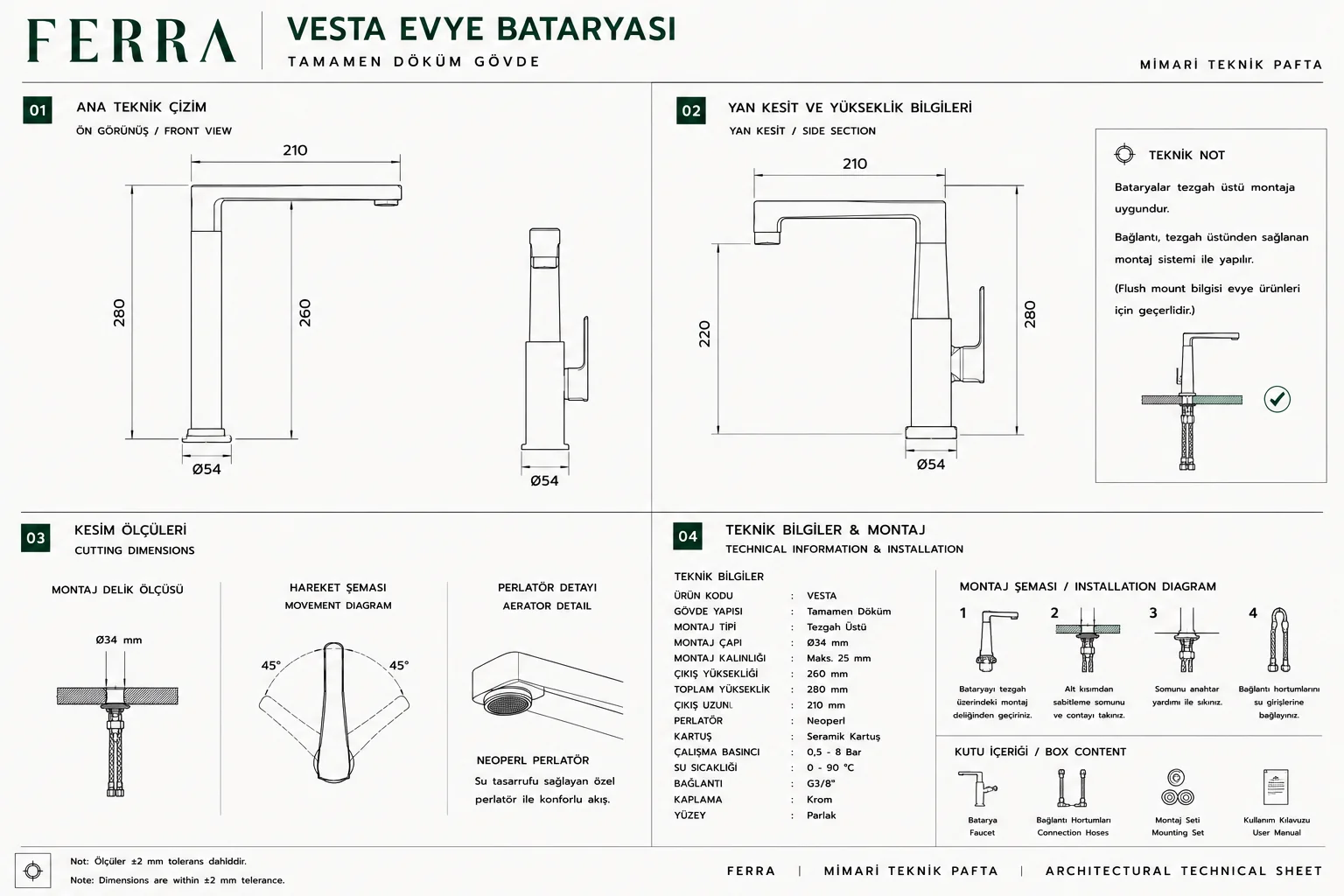 Ferra Vesta premium mutfak bataryası teknik çizim görseli