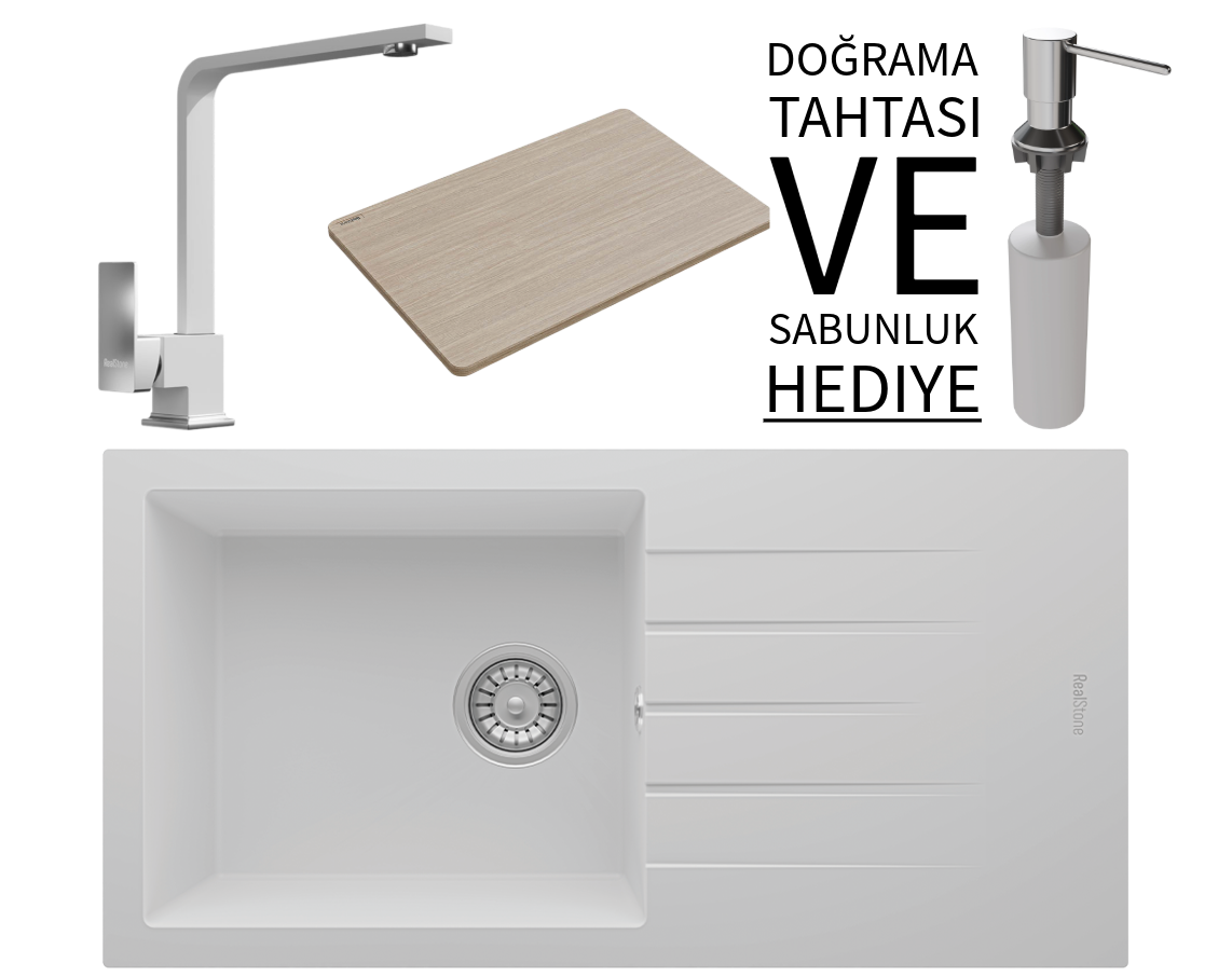 Realstone P011 Assos 86 XL Granit Eviye & Göksu Mutfak Bataryası Seti (+ Sabunluk ve Bambu Tahta Hediyeli)