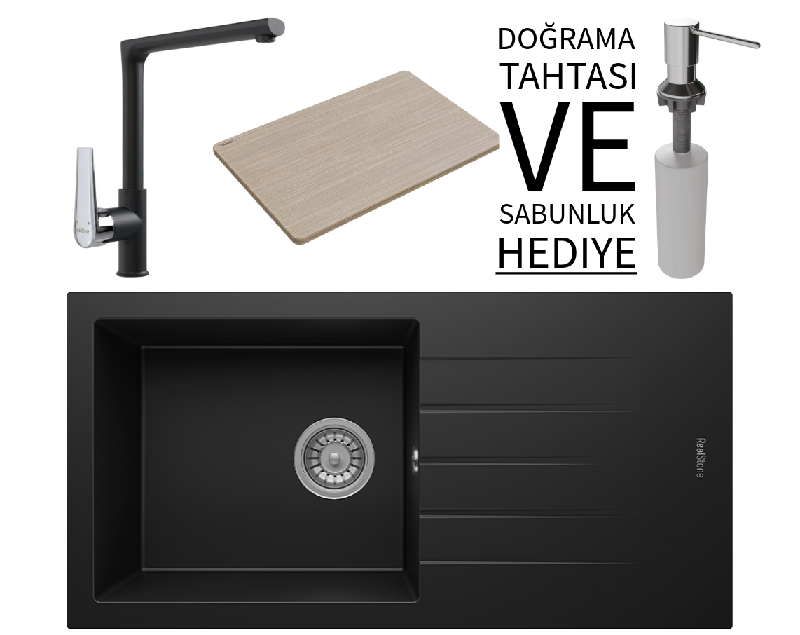 Realstone P011 Assos 86 XL Granit Eviye & Vesta Batarya Seti (+ Bambu Tahta ve Sabunluk Hediyeli)