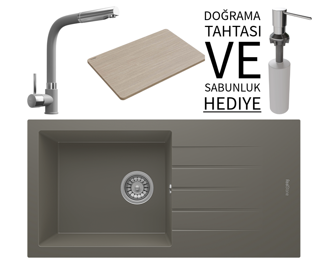 Realstone P011 Assos 86 XL Granit Eviye & Sümela Batarya Seti (+ Bambu Tahta ve Sabunluk Hediyeli)